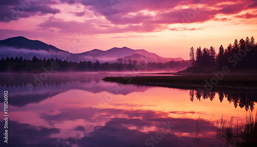 Tranquil scene, sunset, mountain, reflection, forest, sunrise generated by AI