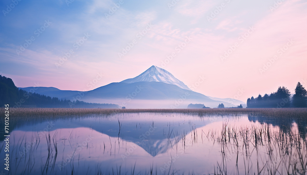 Majestic mountain peak reflects tranquil sunset over water generated by AI