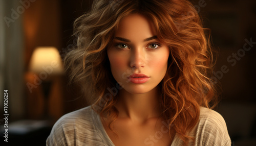 Beautiful young woman with long brown curly hair generated by AI