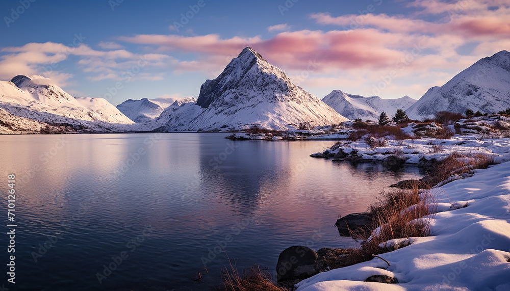 Majestic mountain peak reflects tranquil winter landscape generated by AI