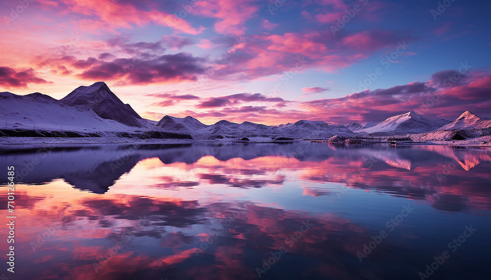 Majestic mountain peak reflects tranquil sunset on water generated by AI