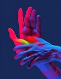 Hands gesture in neon light. Abstarct artistic composition. Bright vivid bold colors. Surrealistic collage artwork. Isolated dark background. surrealism creative wallpaper.