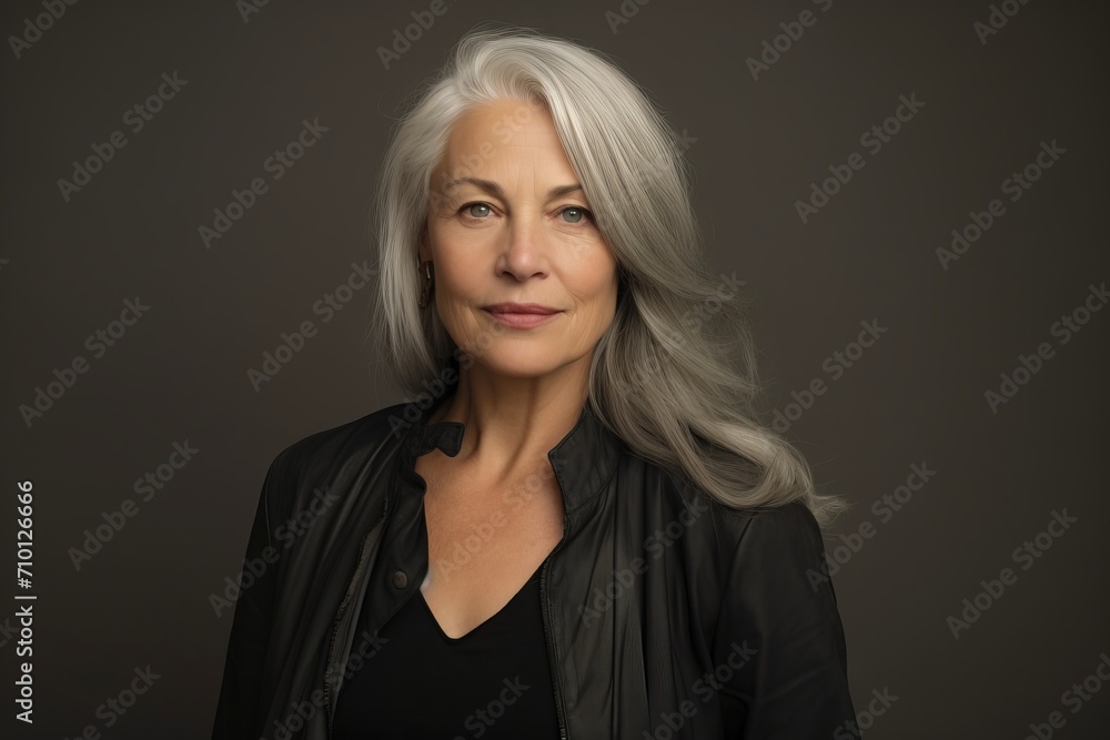 Portrait of a beautiful senior woman with grey hair in a black shirt.