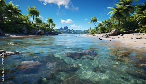 Tropical climate, blue water, palm tree, sandy beach generated by AI