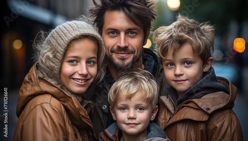 Smiling family embracing outdoors, enjoying winter together generated by AI