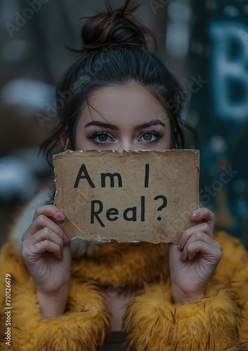 Beautiful girl asking if she is real, a question on a piece of paper, depression, awareness and self-acceptance, confusion between the real world and the virtual