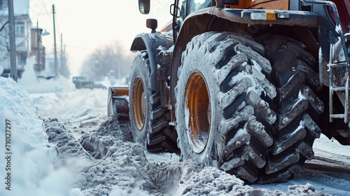 A tractor sitting in the snow. Can be used for winter-themed designs and illustrations