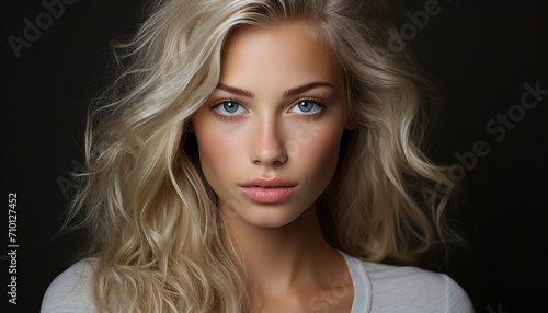 Beautiful woman with long blond hair looking at camera generated by AI