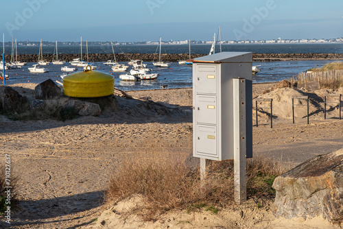 Letterboxes on a sandy beach by the sea photo