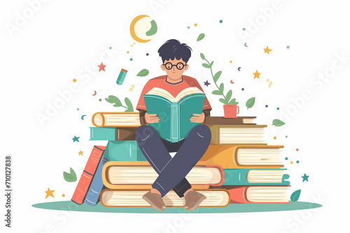 Happy Literacy Day. Boy celebrate Literacy Day by reading books. Flat vector illustration