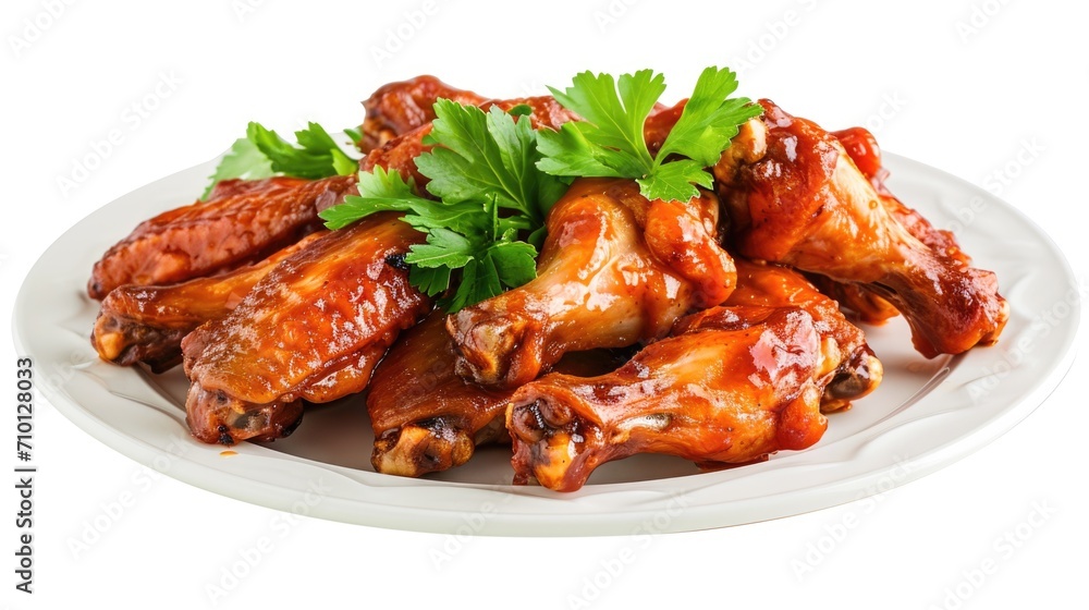 A delicious dish of wings covered in sauce and garnished with parsley. Perfect for appetizers or main course