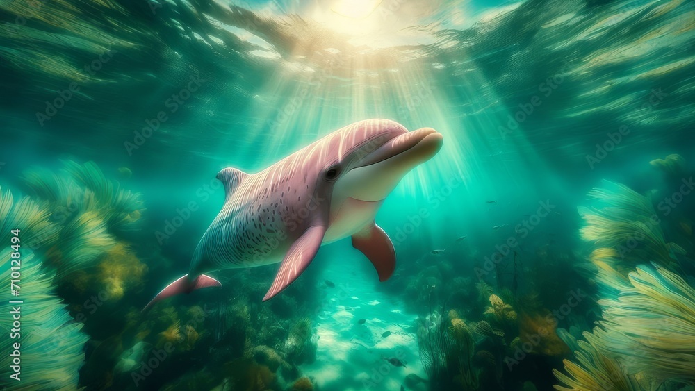 Naklejka premium Dolphin’s serene journey under sunlit waters
