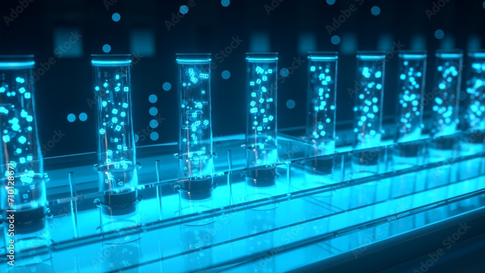 Test tubes for analysis in laboratory. Pharma production lab laboratory science chemistry genetic genes. Science or medical background, 3d illustration
