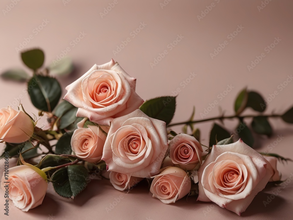 Bouquet of pink roses on a pastel pink background with copy space