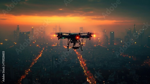 Advanced Drone Delivery Services, drones flying over bright, modern cityscapes in the soft light of morning