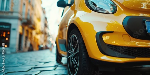 A yellow smart car parked on a picturesque cobblestone street. Ideal for showcasing urban transportation and city life