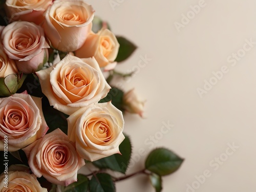Beautiful bouquet of roses on beige background  top view  copy space