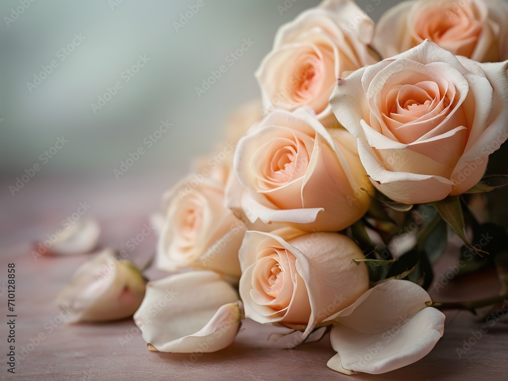 Bouquet of pink roses on a wooden table, selective focus, background with copy space Bouquet of pink roses on a wooden table, selective focus, background with copy space
