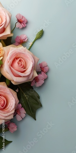 Bouquet of pink roses on a blue background with copy space