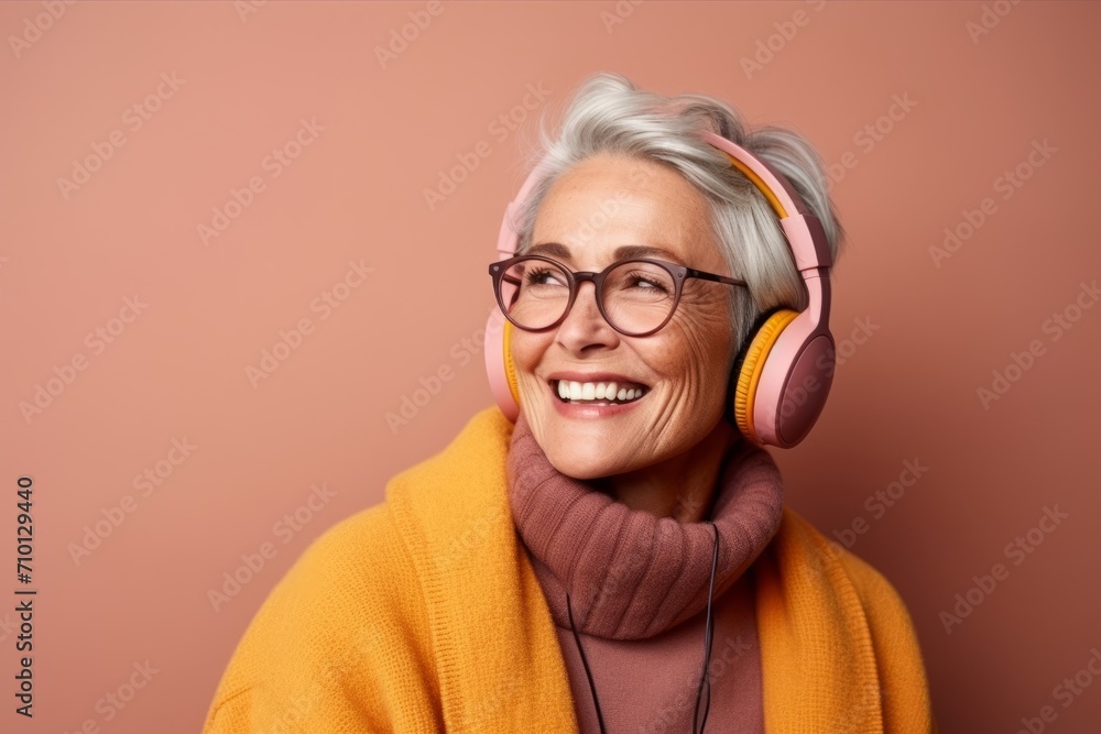 Portrait of a smiling senior woman listening to music in headphones.