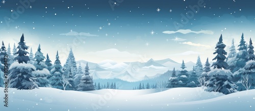 Abstract snowy scene with foreground fir tree and forest background. © AkuAku
