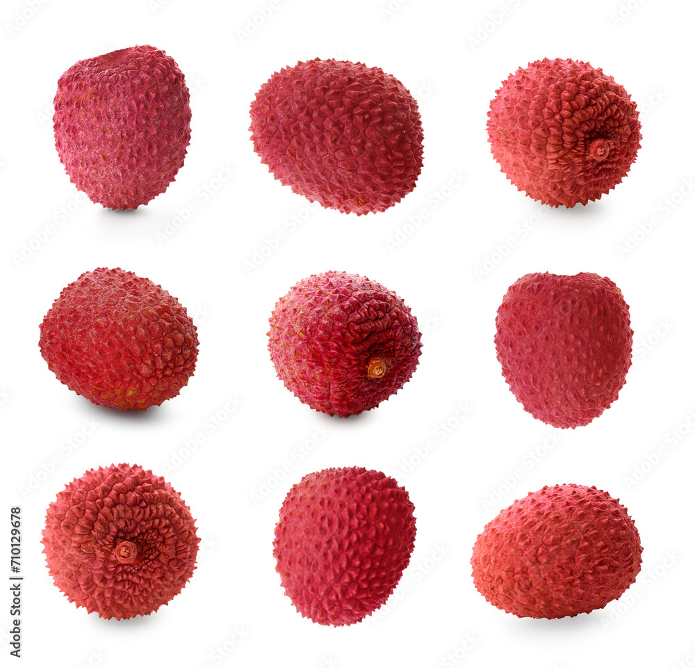 Fresh lychees isolated on white, collection. Tropical fruit Fresh lychees isolated on white, collection. Tropical fruit