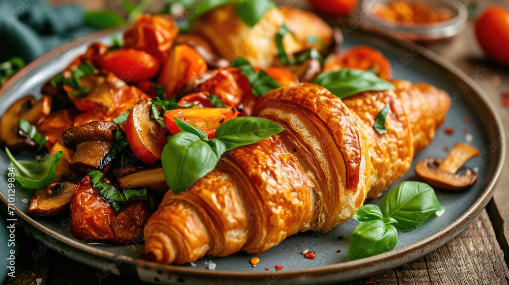 Plate of food with delicious croissant. Perfect for breakfast or brunch.