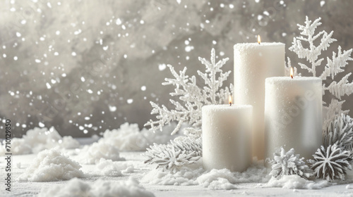 Three white candles placed on snow covered ground, perfect for winter and holiday-themed designs.