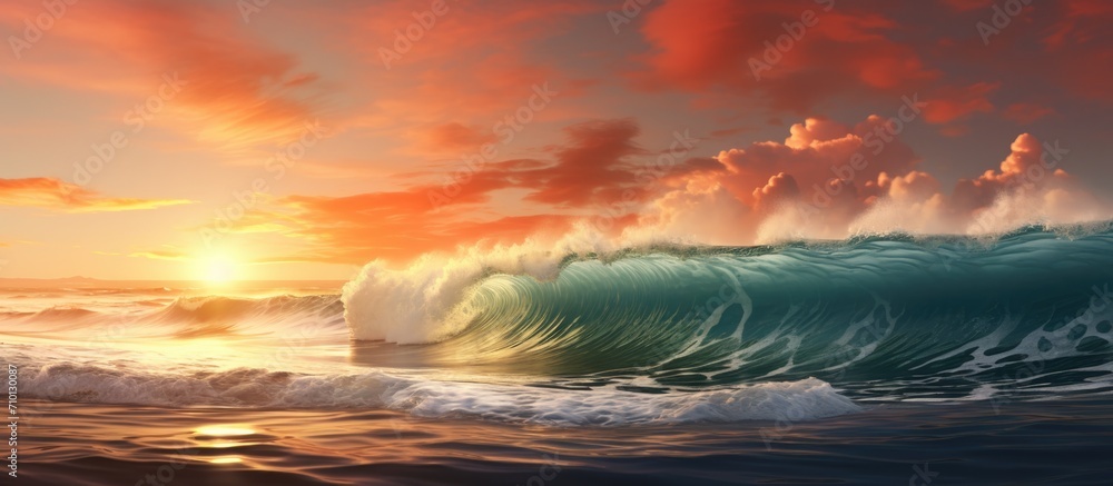 Fototapeta premium Morning starts with a wave on the ocean at sunrise.