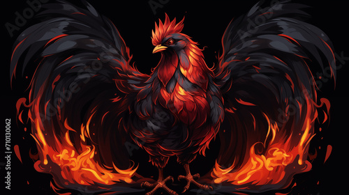 A black rooster stands on a fiery background, with his wings spread, on a black background,cartoon style © Natasha 