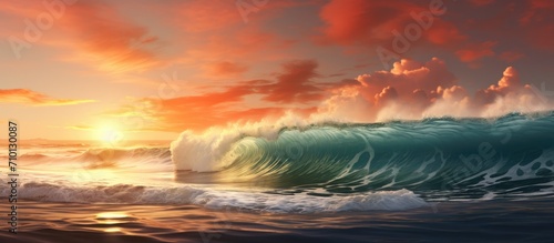 Morning starts with a wave on the ocean at sunrise.