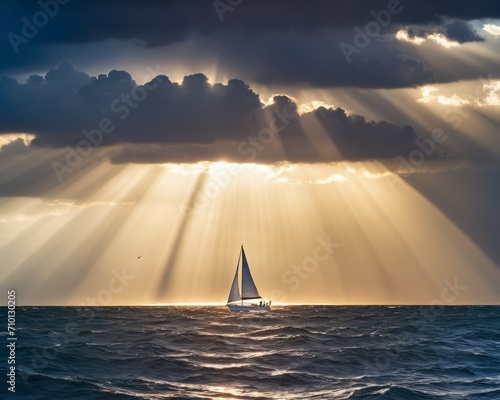Sunbeam Through Clouds Over Ocean with Sailboat