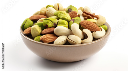 Bowl filled with mixture of nuts and Brussels sprouts. Perfect for healthy eating or holiday recipes.