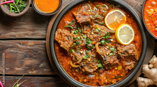 Bowl of stew with refreshing lemon slice on top. Perfect for comforting meals and adding zesty twist to your dishes.