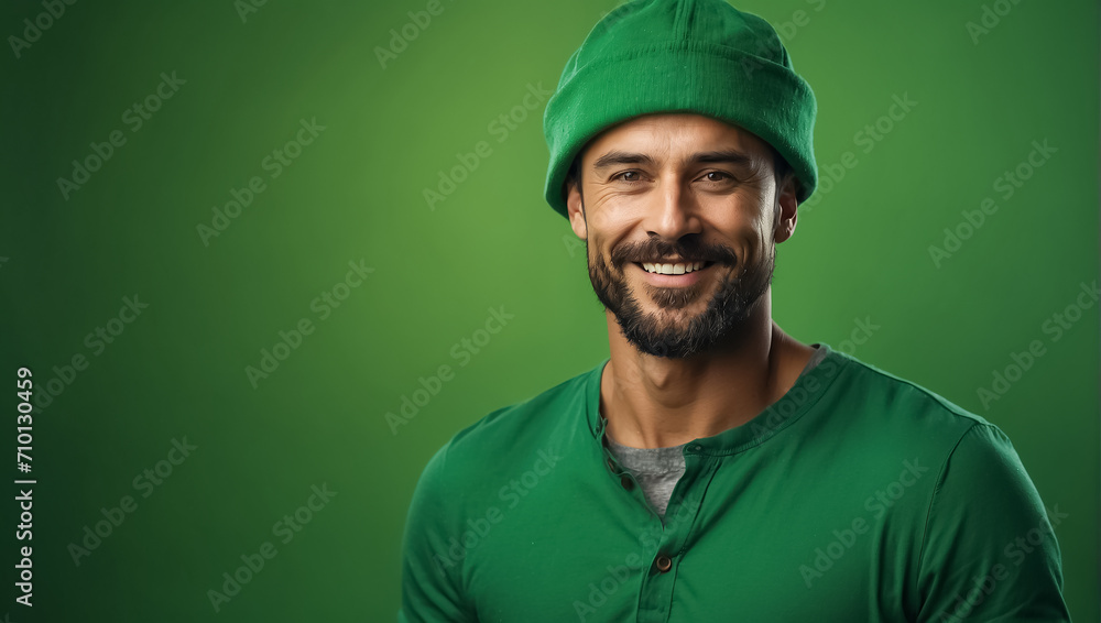 Stylish happy man in green hat and green clothes Stylish happy man in green hat and green clothes