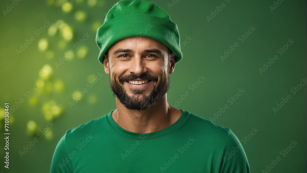 Stylish happy man in green hat and green clothes Stylish happy man in green hat and green clothes