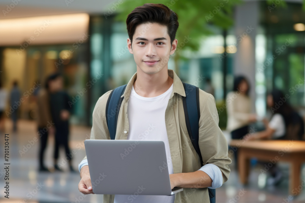 Young man is seen holding laptop computer in lobby. This image can be used to depict technology, business, or professional setting. Young man is seen holding laptop computer in lobby. This image can be used to depict technology, business, or professional setting.