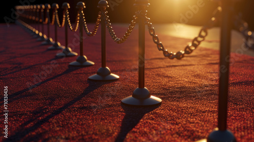 Red carpet laid out in front of chain link fence. This image can be used to depict glamorous event or stark contrast between luxury and confinement.