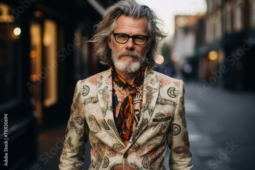 Portrait of a stylish mature man with long gray hair and beard wearing glasses and a jacket on a city street. © Igor