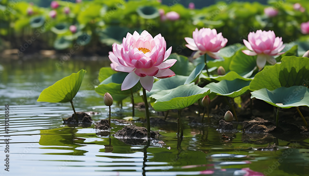 Beautiful pink lotus flower floating on tranquil pond generated by AI Beautiful pink lotus flower floating on tranquil pond generated by AI