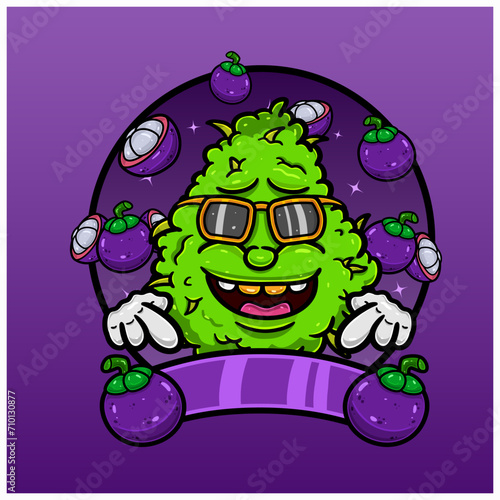 Mangosteen Flavor with Weed Mascot Cartoon. Weed Design For Logo, Label and Packaging Product.