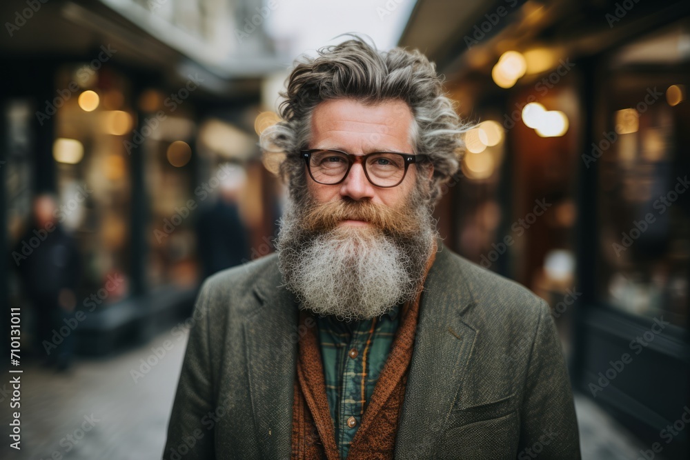 Portrait of senior bearded hipster man with eyeglasses in the city. Portrait of senior bearded hipster man with eyeglasses in the city.