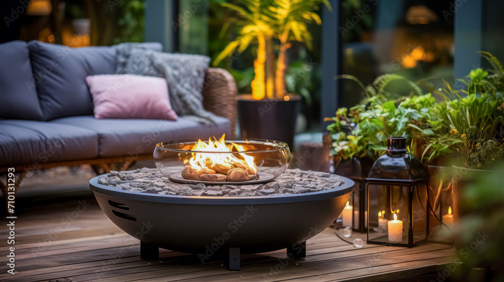Black circle fire pit, barbecue with stainless steel tray in the middle. On display in the gray winter garden with focus lights on it. Black circle fire pit, barbecue with stainless steel tray in the middle. On display in the gray winter garden with focus lights on it.