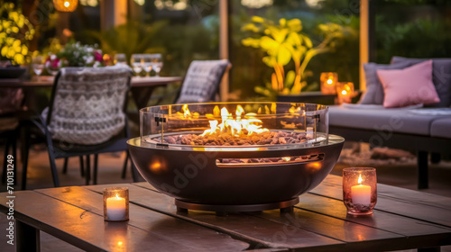 Black circle fire pit, barbecue with stainless steel tray in the middle. On display in the gray winter garden with focus lights on it.