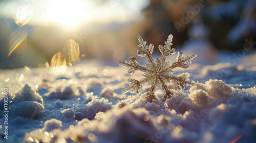 Delicate snowflake resting on mound of snow. Suitable for winter-themed designs and holiday projects.