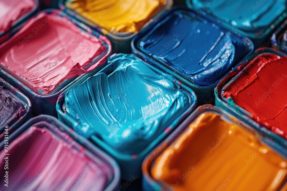 A close-up view of a bunch of paint cans. Ideal for interior design projects and home improvement articles - obrazy, fototapety, plakaty 