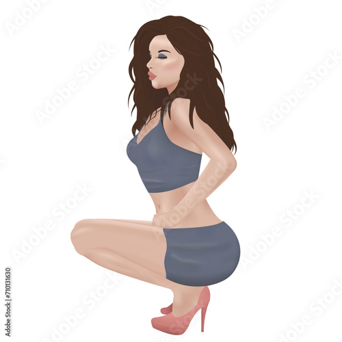 Illustration of a sitting girl doing strip plastic surgery, realism