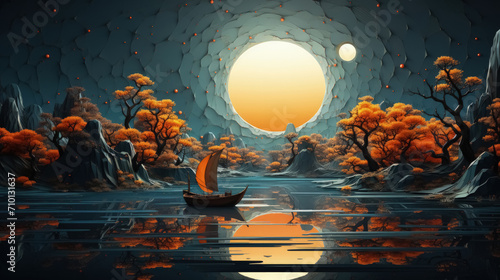 Fantasy landscape with a boat in the sea and a full moon
