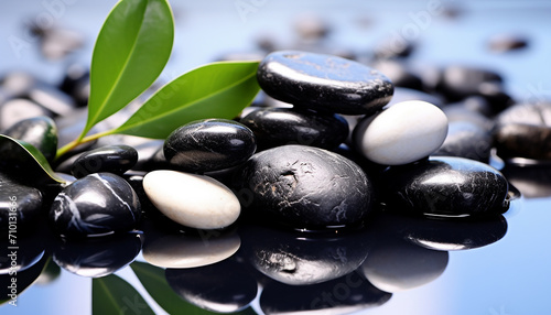 Smooth pebble in water, reflecting balance and harmony generated by AI