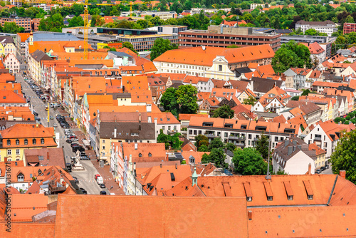 Panoramic view, aerial skyline of Landshut in Bavaria. Saint Martin cathedral, Martinskirch in old town and cathedrals, architecture, roofs of houses, streets landscape, Landshut, Germany.